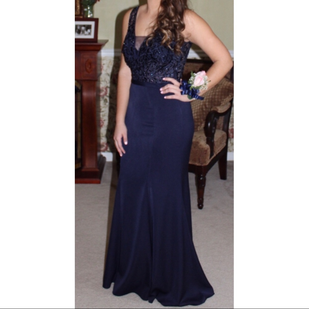 Elizabeth K navy v-neck prom dress